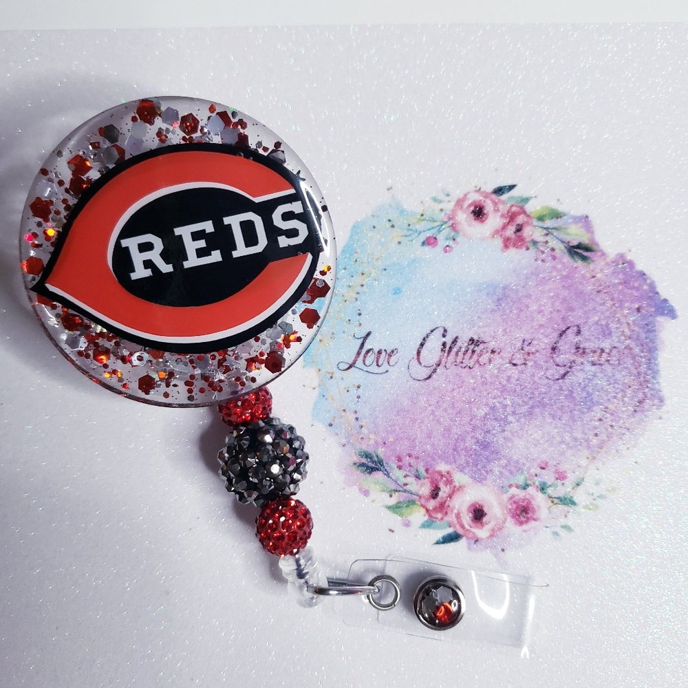 Reds baseball badge reel, glitter, nurse, healthcare